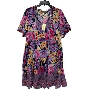 Sundance Fields Of Beauty Floral Tiered Mini Dress Purple Pink Small NWT Cottage